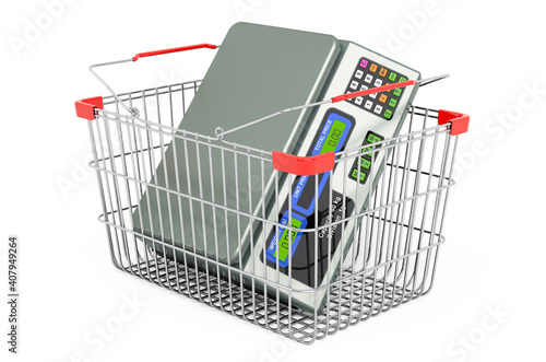 Price computing scale inside shopping basket, 3D rendering