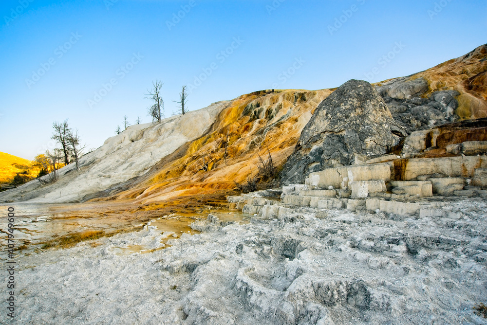 Bright colors of the Palette Spring, part of Mammoth Hot Springs in Yellowstone National Park