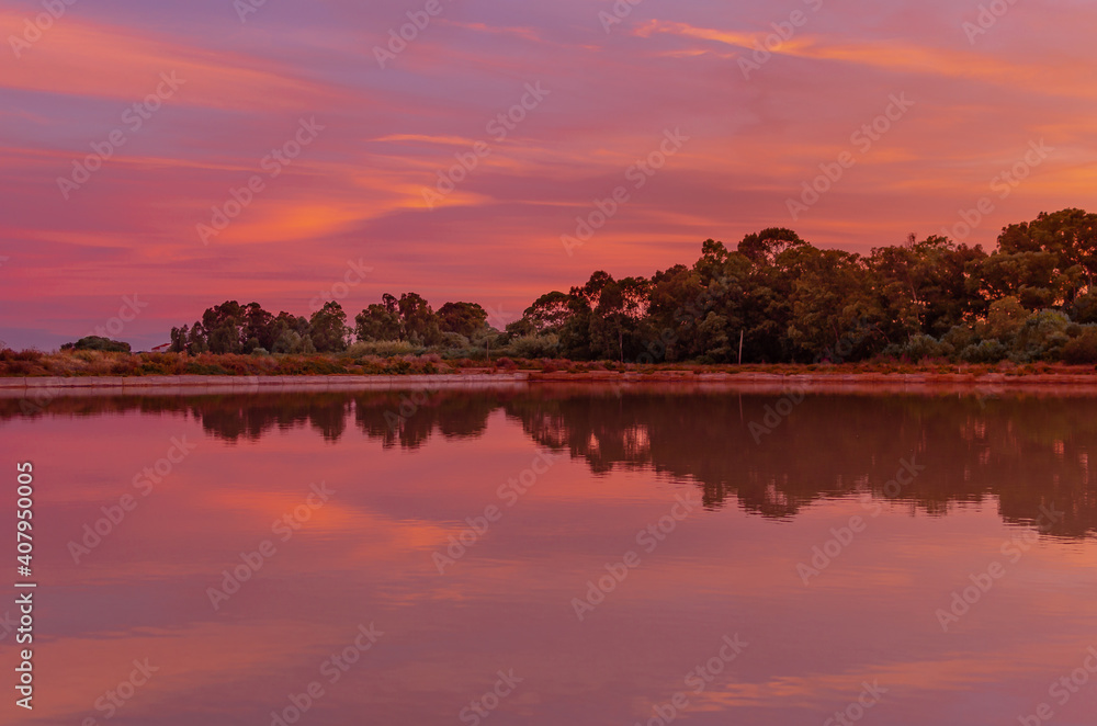 sunset over lake, in ria Formosa Park , Algarve Portugal 