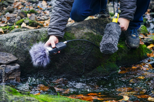 Hand holds a microphone gun to record sounds of nature. Sound technician records sounds of nature. Recording Ambient Sounds