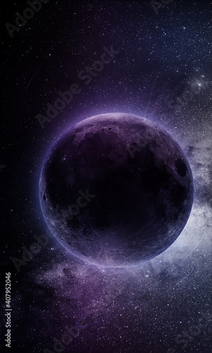 abstract space 3D illustration, 3d image, background image,bright moon among constellations and galaxies in violet tones