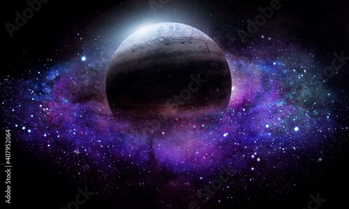 Fototapeta Naklejka Na Ścianę i Meble -  abstract space 3D illustration, 3d image, background image, planet in space among the glow of the milky way, galaxies and stars in purple and blue tones