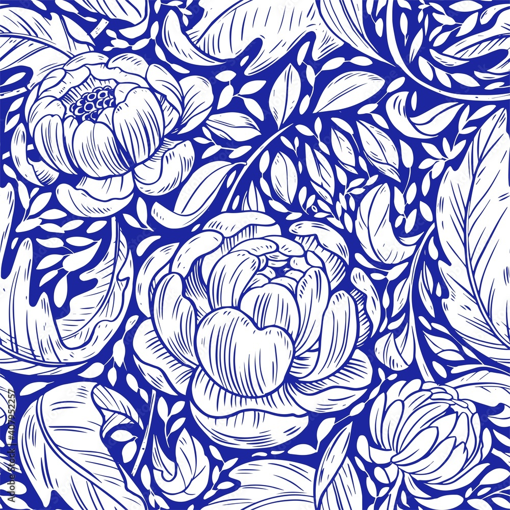 Seamless floral pattern. Peony flowers. Vintage style. Vector outline on transparent background