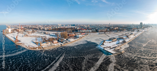Foto Aerial Panorama view of the Riga free port Andrejsala in winter