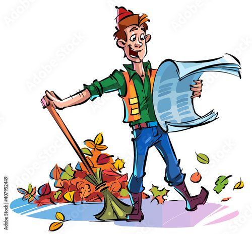 Cartoon happy yard man sweeps autumn leaves with a broom and reads the newspaper.
