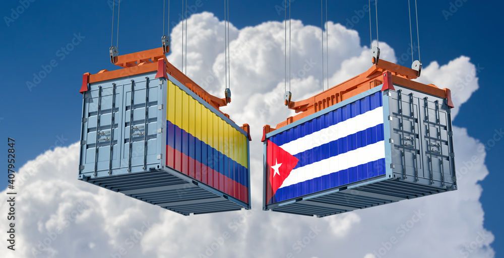 Freight containers with Colombia and Cuba flag. 3D Rendering 