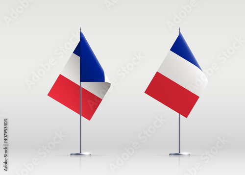 France flag state symbol isolated on background national banner. Greeting card National Independence Day of the French Republic. Illustration banner with realistic state flag of Fifth Republic France.