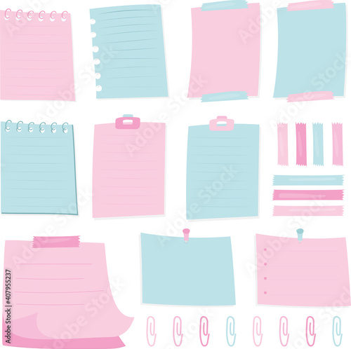 Planner stickers bundel notepads paper sheets design pink and blue. Hand drawn diary planner doodle frames weekly memo schedule tag vector calendar labels.