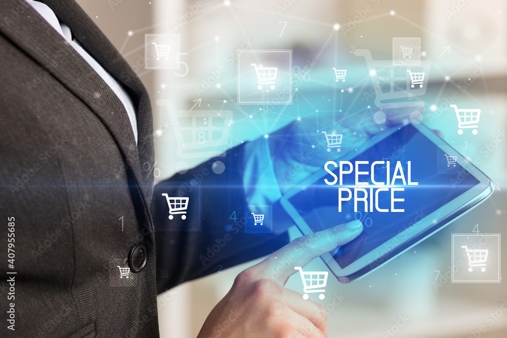 Young person makes a purchase through online shopping application with SPECIAL PRICE inscription Young person makes a purchase through online shopping application with SPECIAL PRICE inscription
