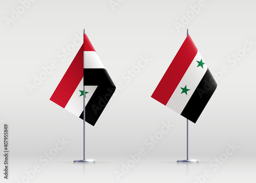 Syria flag state symbol isolated on background national banner. Greeting card National Independence Day of the Syrian Arab Republic. Illustration banner with realistic state flag.