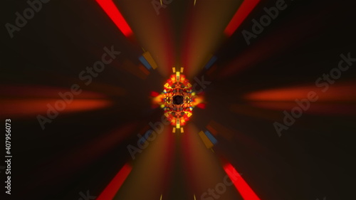 Tunnel with glowing cubes and rays, computer generated. 3d rendering abstract backdrop. Flight inside corridor