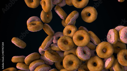Computer generated many falling donuts and fill the screen. 3d rendering of food backdrop