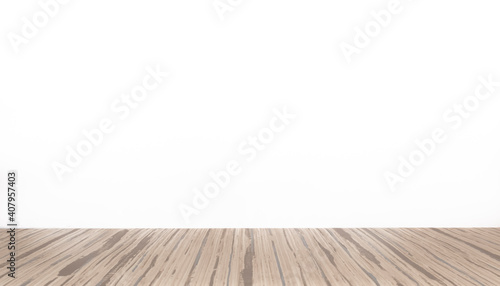 Arri  re-plan blanc avec support de bois pour pr  sentation d objets publicitaires pour promotion de produits. Aspect sol en bois  fond blanc uni.
