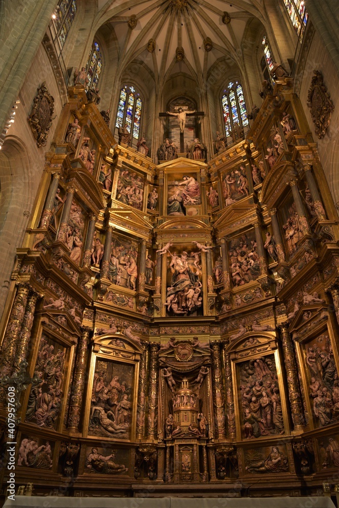 Astorga, Spain - September 26, 2018: the ornate polychrome wood high altar by Gaspar Becerra at Astorga Cathedral displaying motives from the life of the Virgin Mary