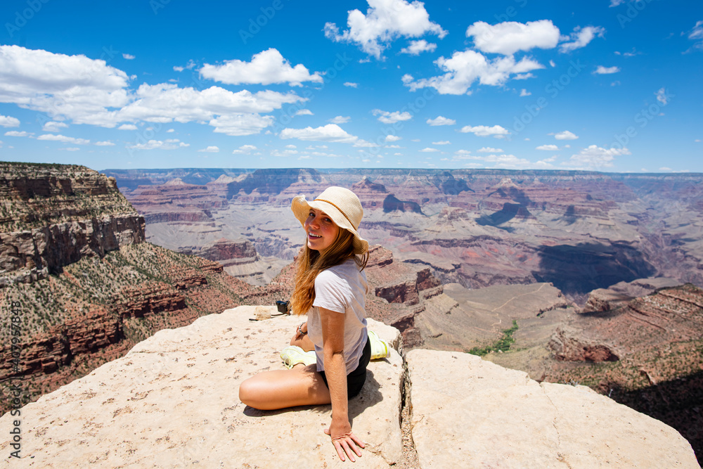 Woman in Grand Canyon National Park. Panoramic picture of Arizona USA ...