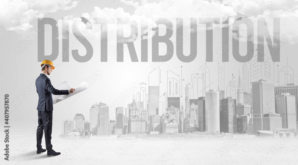Young businessman with hard hat and DISTRIBUTION inscription, new business opportunity concept Young businessman with hard hat and DISTRIBUTION inscription, new business opportunity concept