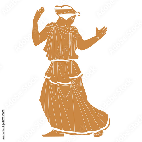Dancing or running ancient Greek young woman with raised hands. Helen of Troy. Vase painting style. Monochrome brown and white silhouette.