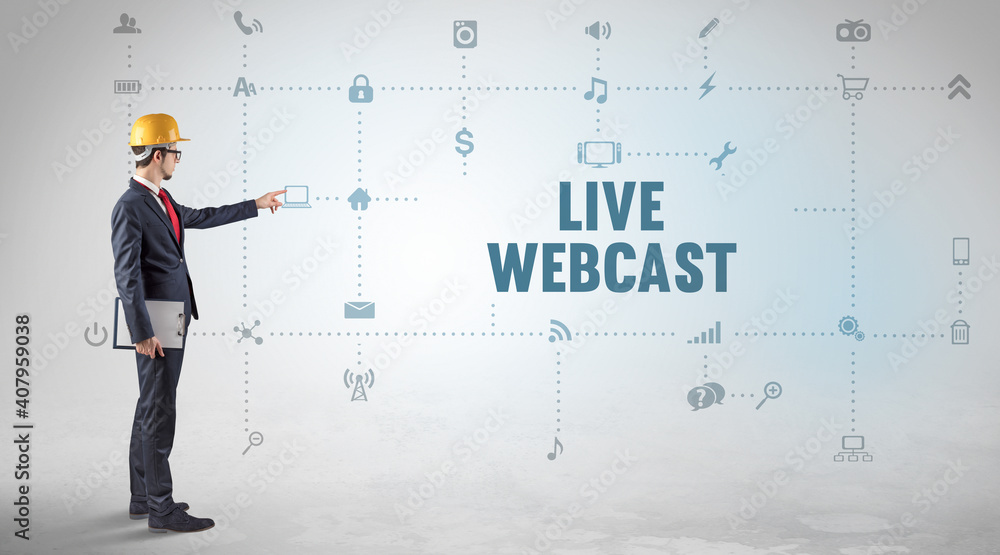 Engineer working on a new social media platform with LIVE WEBCAST inscription concept Engineer working on a new social media platform with LIVE WEBCAST inscription concept
