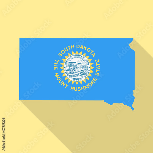 South Dakota flag vector map flat simple style long shadow background. Vector Illustration South Dakota flag map photo