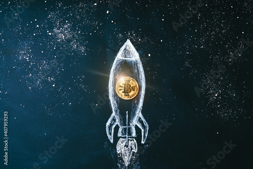 Bitcoin logo rocket launcher, cryptocurrency concept. The growth rate of the gold coin for designers and breaking news. Bitcoin to the moon classic rocket Illustration. photo