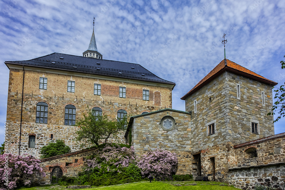 Fototapeta premium View of Medieval Akershus Castle (from 1299) and fortress in Oslo, Norway. Akershus Castle built to protect Oslo.