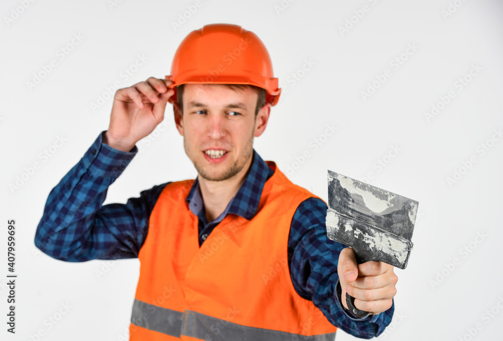 engineer worker career. tools for repair. young man in hard hat. man builder use spatula. professional repairman in helmet. build and construction. skilled architect repair and fix. Safety expert engineer worker career. tools for repair. young man in hard hat. man builder use spatula. professional repairman in helmet. build and construction. skilled architect repair and fix. Safety expert