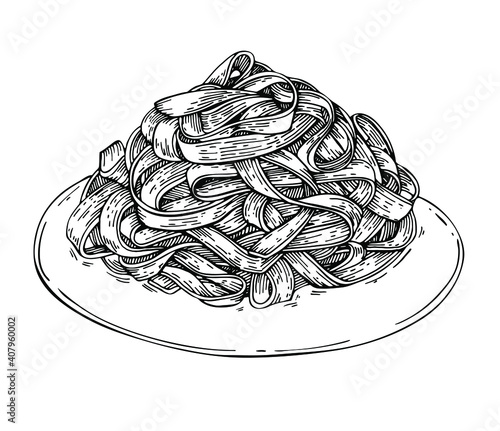 Sketch homemade Italian fettuccine pasta on plate . Hand drawn dish with spaghetti. Tagliatelle , Pappardelle or Taglierini.