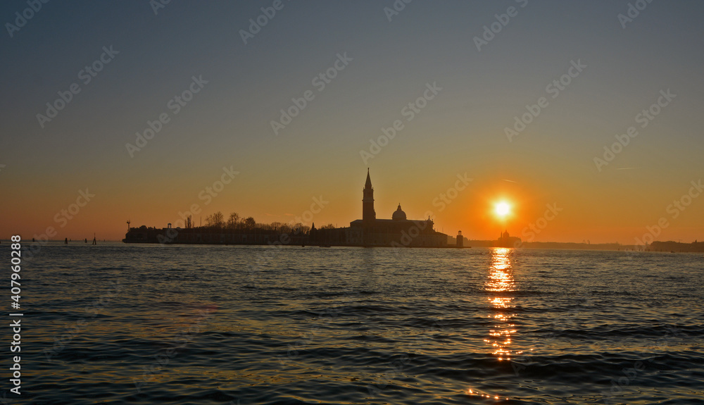 Sunset over the church of San Giorgio Maggiore, seen from Venice, Italy 
