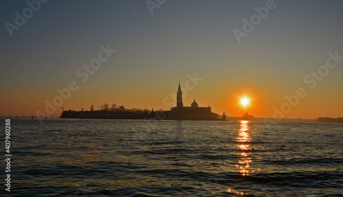 Sunset over the church of San Giorgio Maggiore, seen from Venice, Italy  © Boris