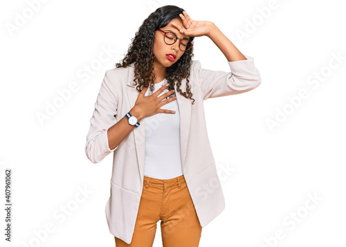 Young african american girl wearing business clothes touching forehead for illness and fever, flu and cold, virus sick