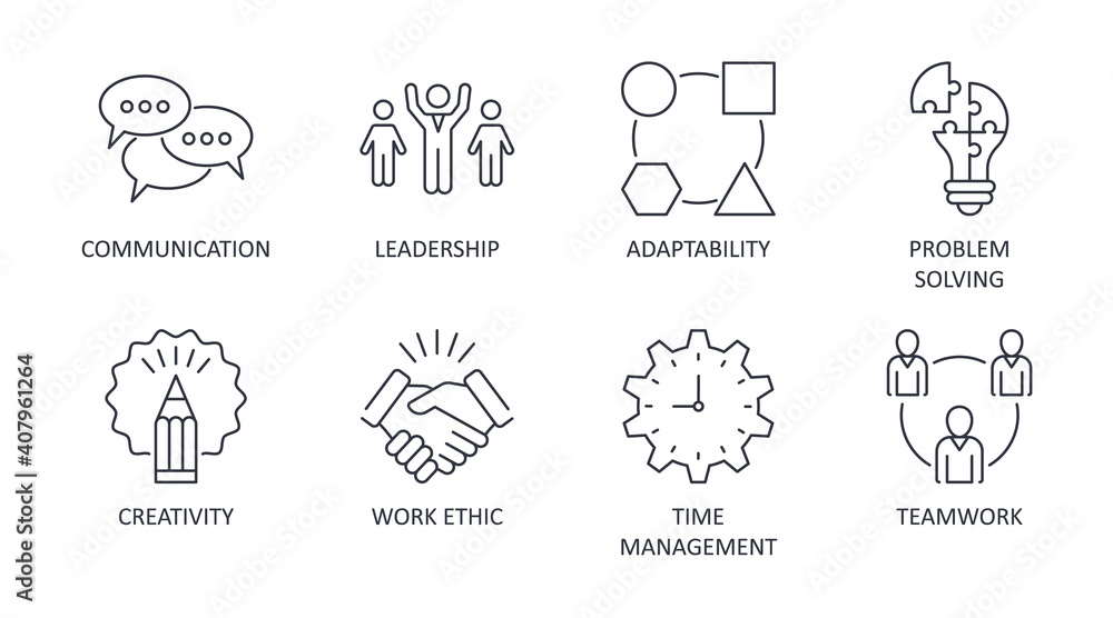 Vector soft skills icons. Editable stroke. Interpersonal attributes symbols succeed in workplace. Communication teamwork adaptability problem solving creativity work ethic time management leadership Vector soft skills icons. Editable stroke. Interpersonal attributes symbols succeed in workplace. Communication teamwork adaptability problem solving creativity work ethic time management leadership