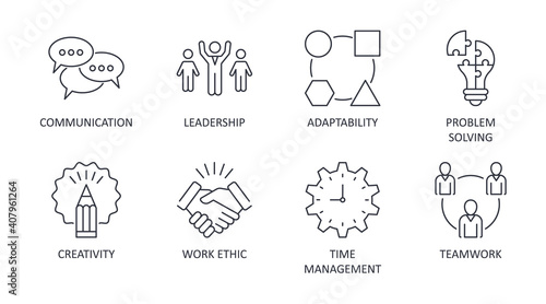 Vector soft skills icons. Editable stroke. Interpersonal attributes symbols succeed in workplace. Communication teamwork adaptability problem solving creativity work ethic time management leadership photo