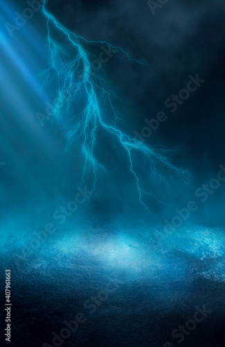 Dramatic empty nature background. Dark night view of the city during a thunderstorm. Flashing lightning. Reflection of light on water. 