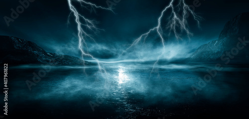 Dramatic empty nature background. Dark night view of the city during a thunderstorm. Flashing lightning. Reflection of light on water. 