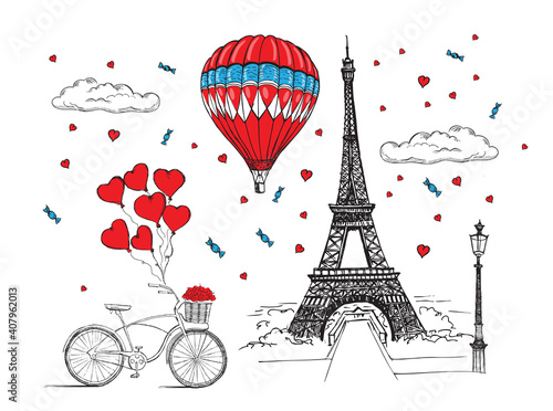 Еiffel tower, hot air balloon. Hand-drawn style. Vector illustration.