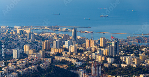 Photos The Cityscape of Haifa At Sunset,  Haifa Downtown Aerial View, Israel