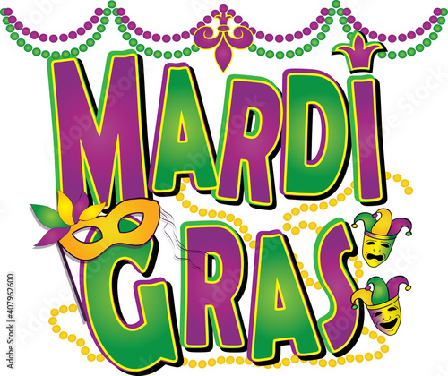Mardi Grad Bold Graphic with beads, masks, and jesters