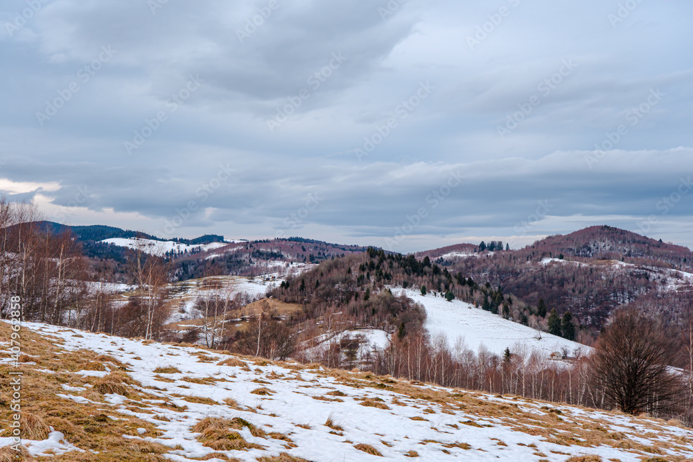beautiful winter landscapes in the Romanian mountains, Fantanele village area, Sibiu county, Cindrel mountains, Romania