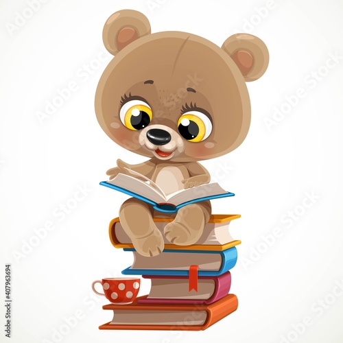 Cute cartoon baby bear sitting on a stack of books and reading isolated on white background