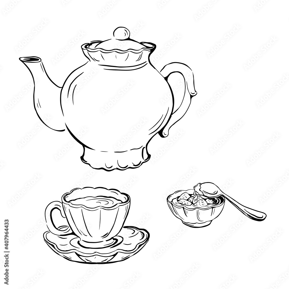 set vector sketch of tea set with cup, saucer, teapot and jam