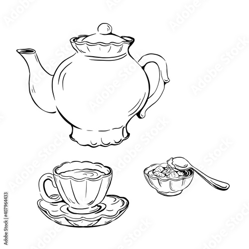 set vector sketch of tea set with cup, saucer, teapot and jam