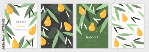 Set of invitation cards. Place for text. Foliage and pears. Green spring garden. Retro design. Flat vector illustration. Templates for banners, flyers, brochures, invitations, covers.