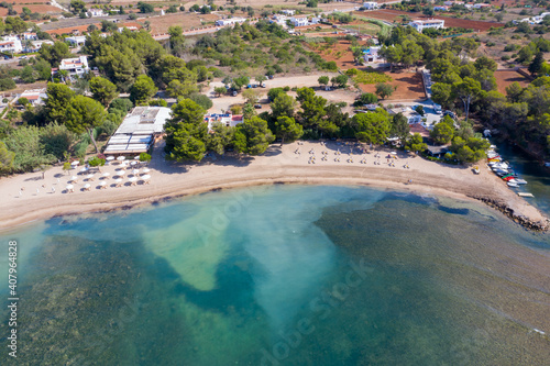 Wallpaper Mural Aerial drone photo of the beautiful island of Ibiza in Spain showing the costal front golden sandy beaches with people relaxing and sunbathing on a hot sunny summers day Torontodigital.ca