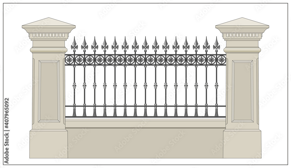 Fototapeta premium A classical iron fence with stone pillars. Wrought iron. Metal decor. Urban design. Classical architecture. Isolated. White background.