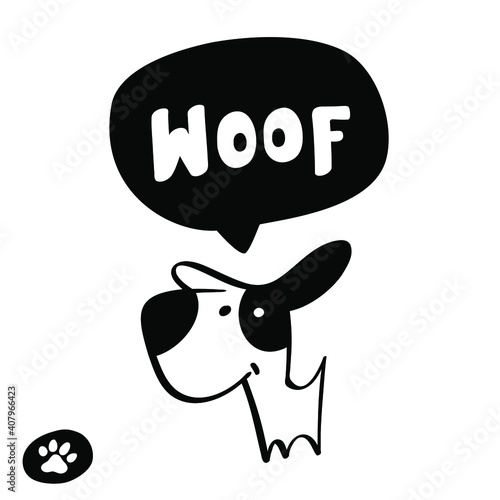 Hand drawn vector illustration of dog and decorative lettering woof. 
