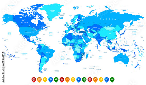 Detailed vector World map of blue colors and colorful map pointers