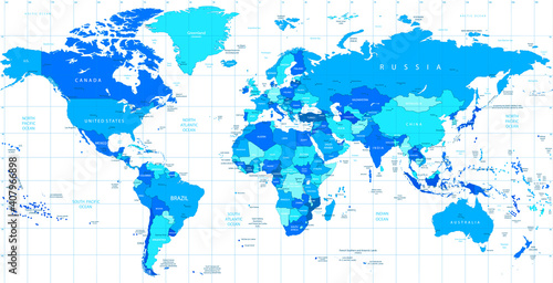 Detailed vector World map of blue colors isolated on white