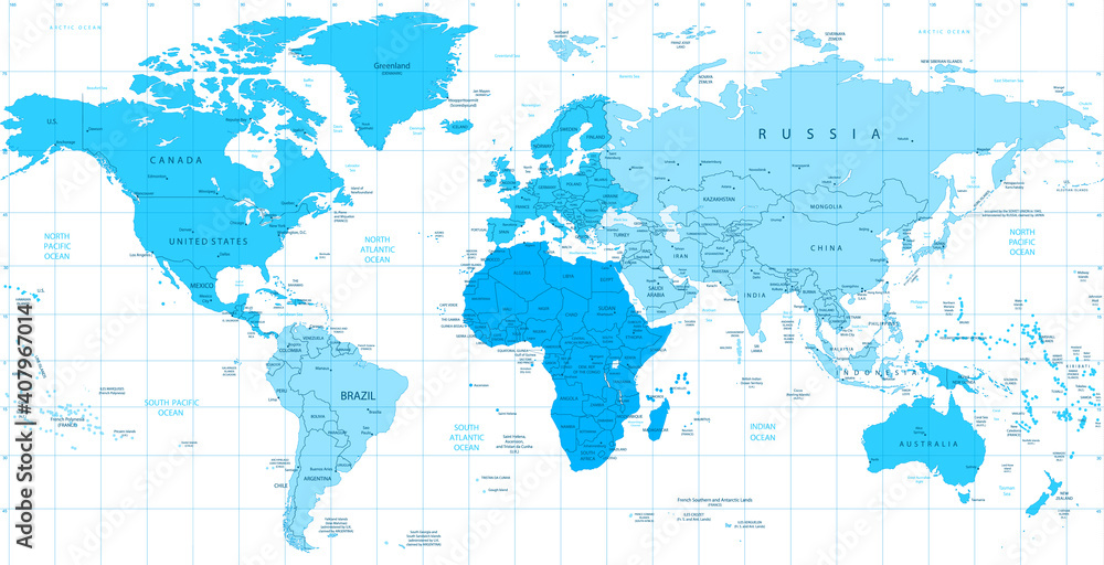 Detailed World map blue colors isolated on white