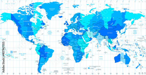 Detailed World map standard time zones in colors of blue