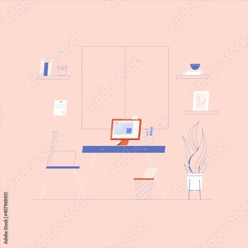 Workplace illustration with computer, desk, documents. Vector home office and freelancer workspace concept.